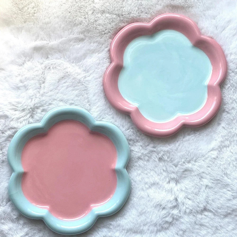 New Flower Ceramic Cat Plate Pink outline Whisker Fatigue Friendly Pet Dish‎ 6
